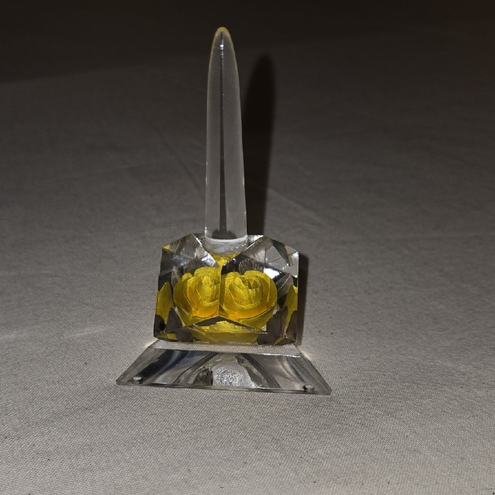 Acrylic Vintage Ring Holder with Encased Yellow Rose Beautiful Condition